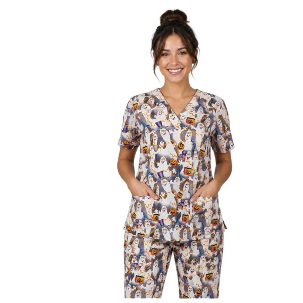 Peaches Uniforms Multicolor Ghost Halloween Scrub Top Size XL 3 Pockets